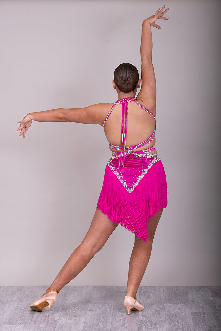 161 Metallic Cerise Latin dance dress. Full fringed skirt stoned in AB