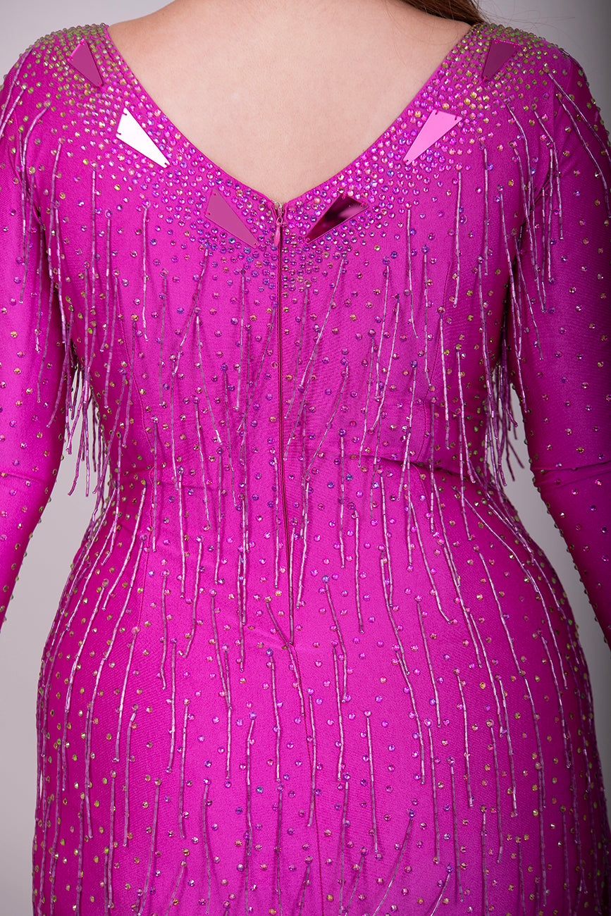 159 Elegant Fuschia Latin Dance Dress. Decorated with Fuchsia mirrors, stones & bead droppers. High back to give option for wearing own bra.
