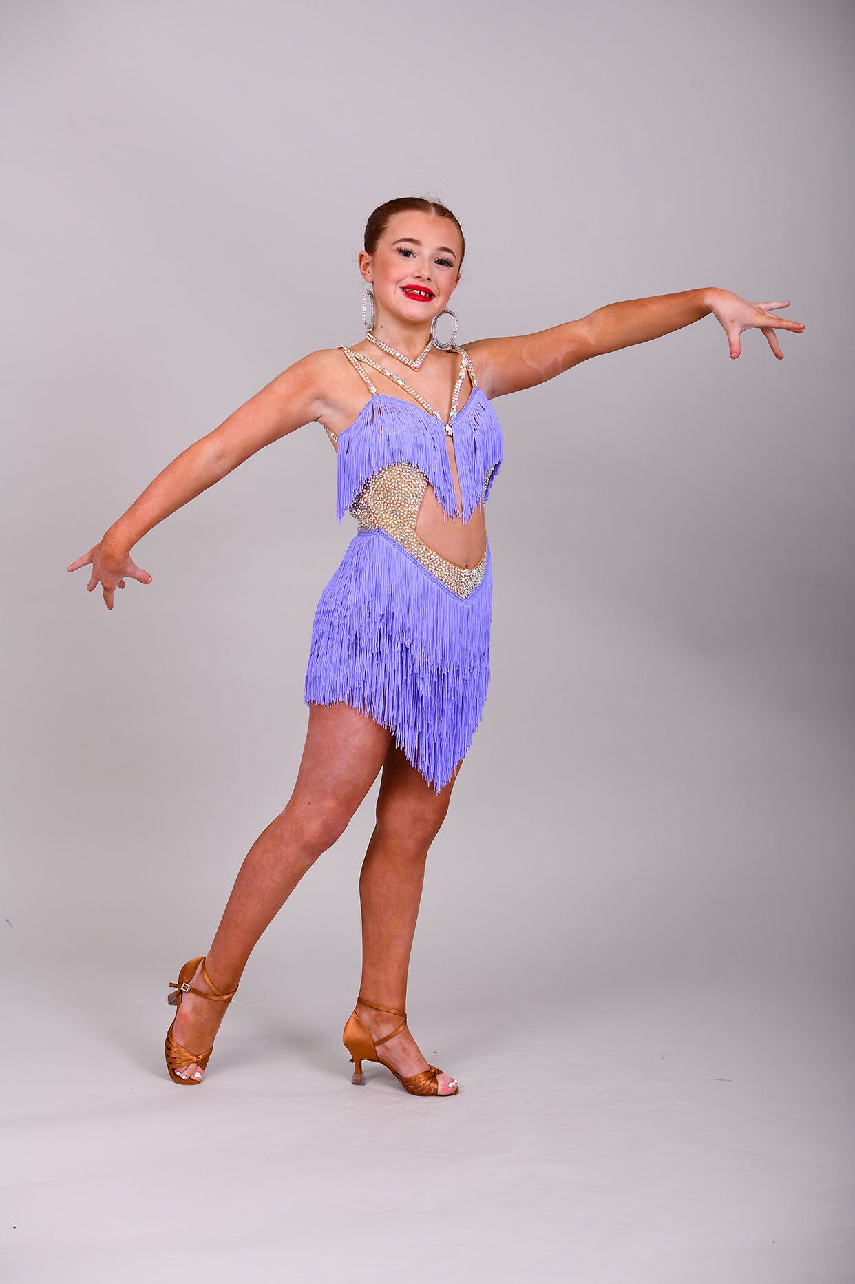 336 Tiny Lilac Latin Dance Dress. Open backed with heavy fringing to the chest and skirt.