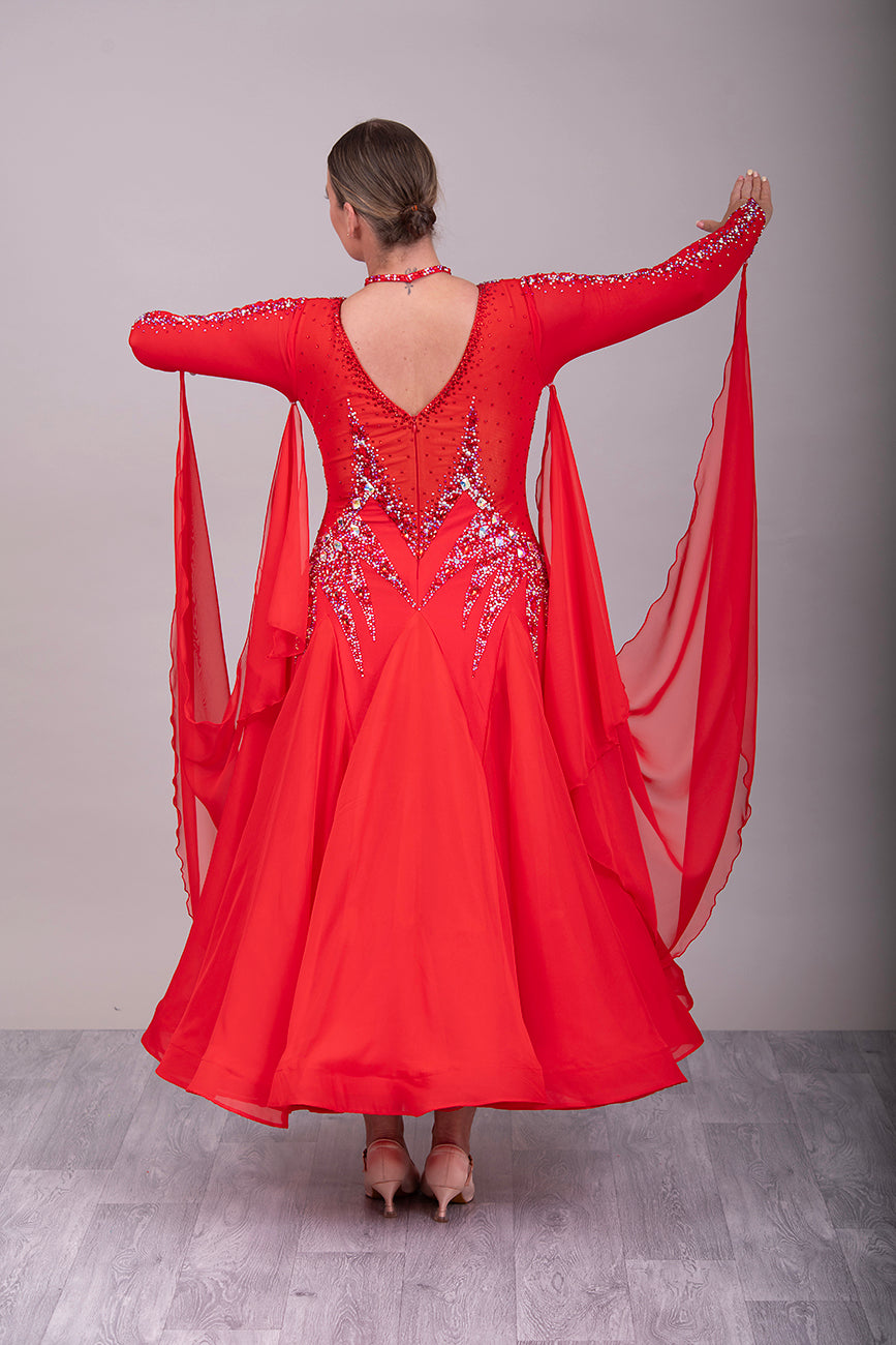 01150A Red Competition Ballroom Dance Dress. Stoned in Siam, Siam AB & AB. Detachable Floats