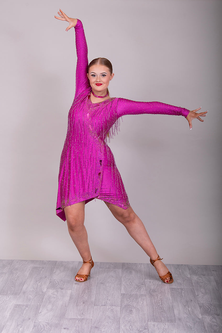159 Elegant Fuschia Latin Dance Dress. Decorated with Fuchsia mirrors, stones & bead droppers. High back to give option for wearing own bra.