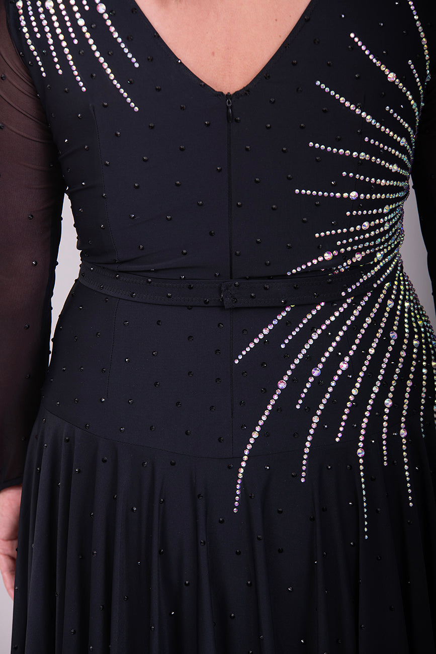 199 Flattering Black Latin Dance Dress. Super Stretchy. Stoned in AB starburst design with handkerchief hem skirt. High back giving option for wearing own bra.