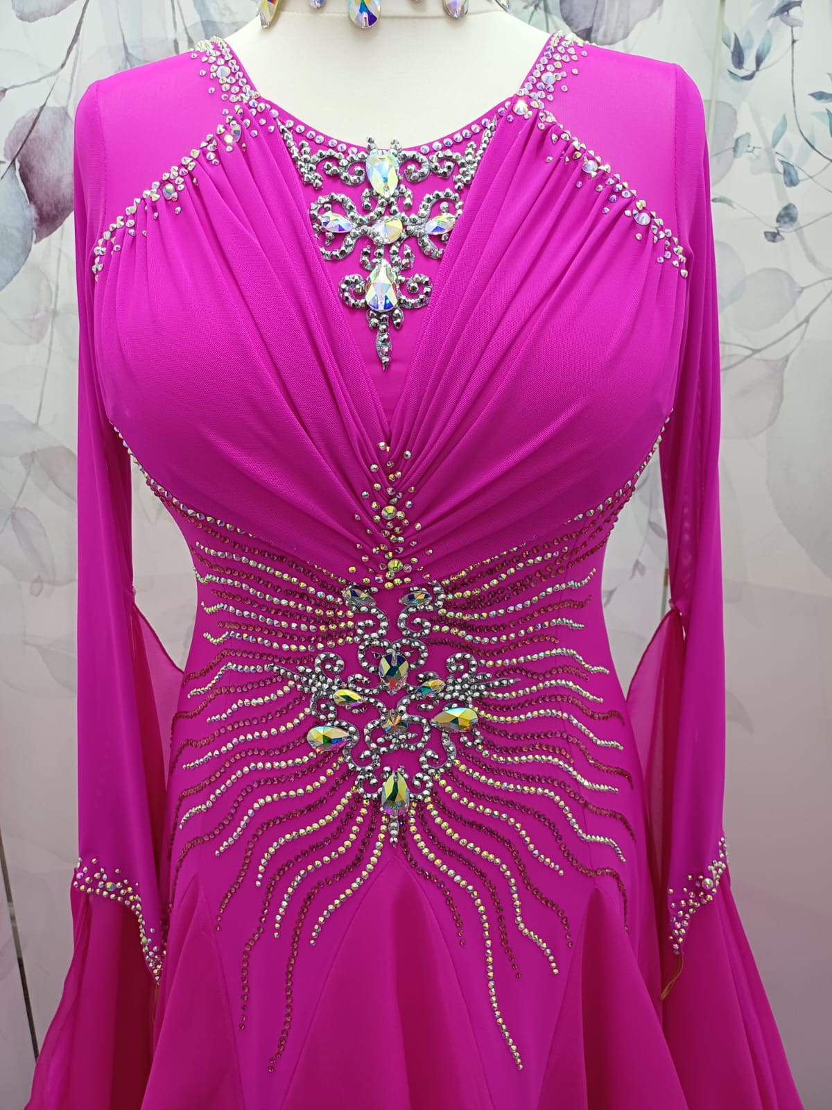 65B Cerise Competition Ballroom Dance Dress. Mesh overlay to the bust with flattering waist design. High back with option to wear own bra  detachable Floats. Stoned in Rose & AB. ❤️Showroom Appointments Available❤️