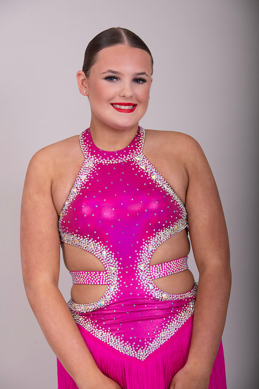 161 Metallic Cerise Latin dance dress. Full fringed skirt stoned in AB