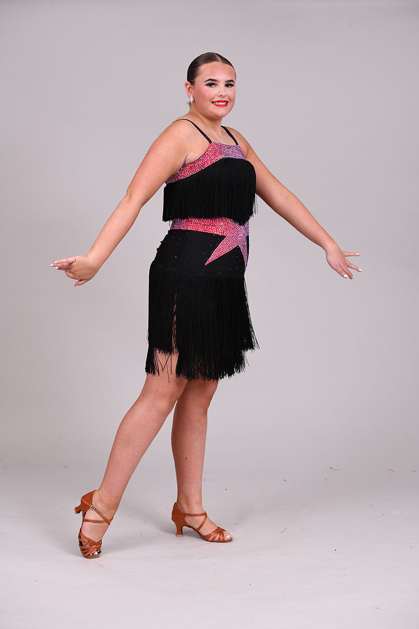 152 Black Latin Dress with full fringe skirt and fringe detailing to the bodice.  Cerise Belt and upper chest panels decorated in Siam AB stones
