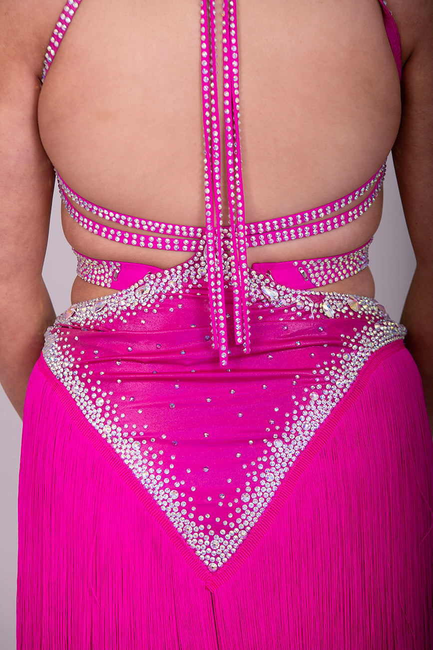161 Metallic Cerise Latin dance dress. Full fringed skirt stoned in AB