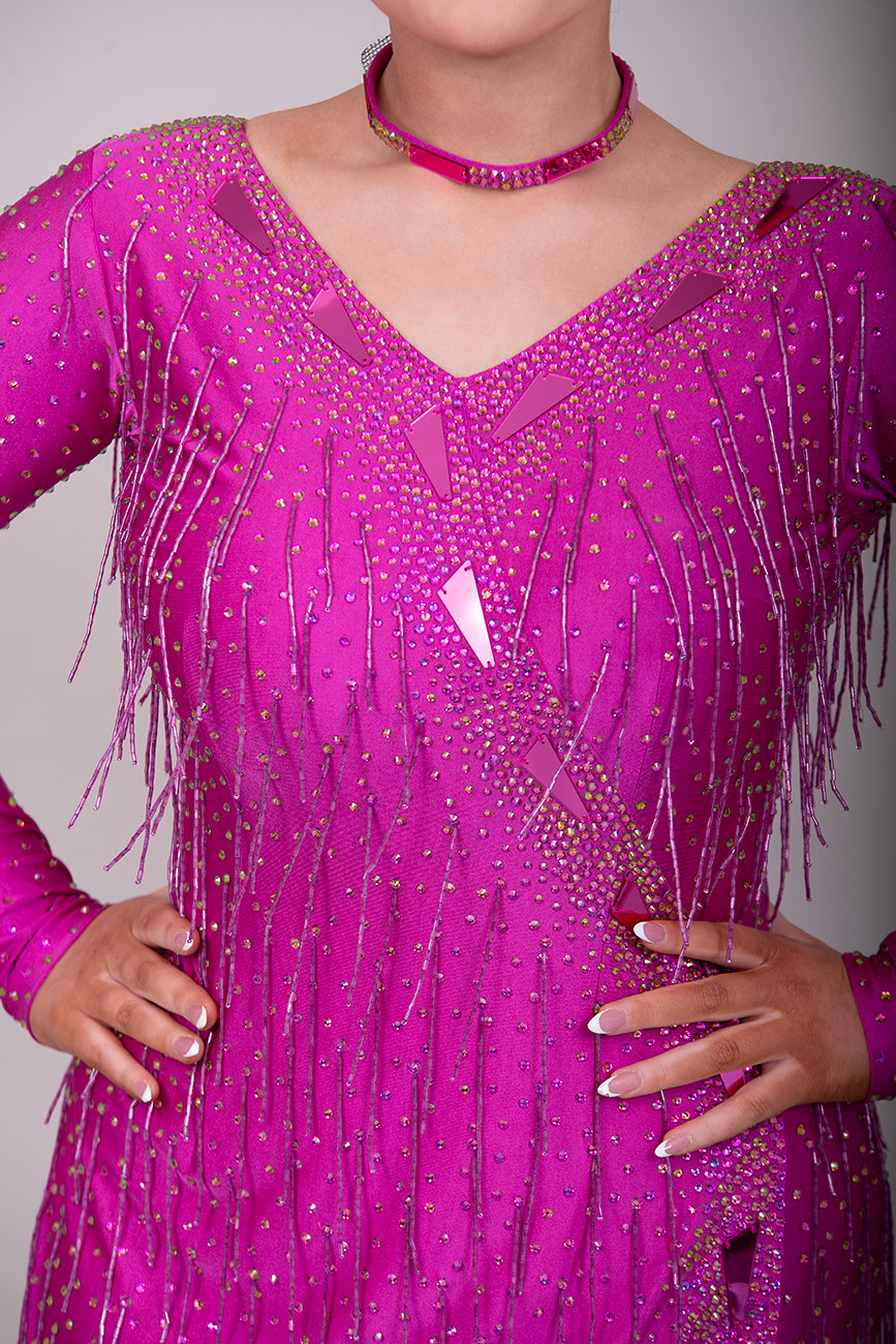 159 Elegant Fuschia Latin Dance Dress. Decorated with Fuchsia mirrors, stones & bead droppers. High back to give option for wearing own bra.
