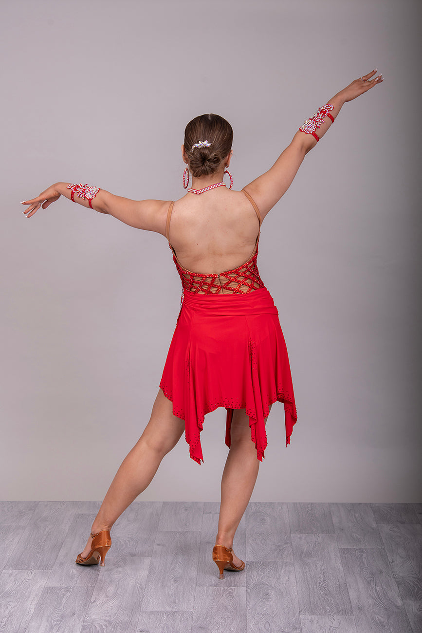 13L Red Fishnet & Flesh Competition Latin/Rhythm Dress. Heavily stoned in Light Siam & AB with decorative side panel.