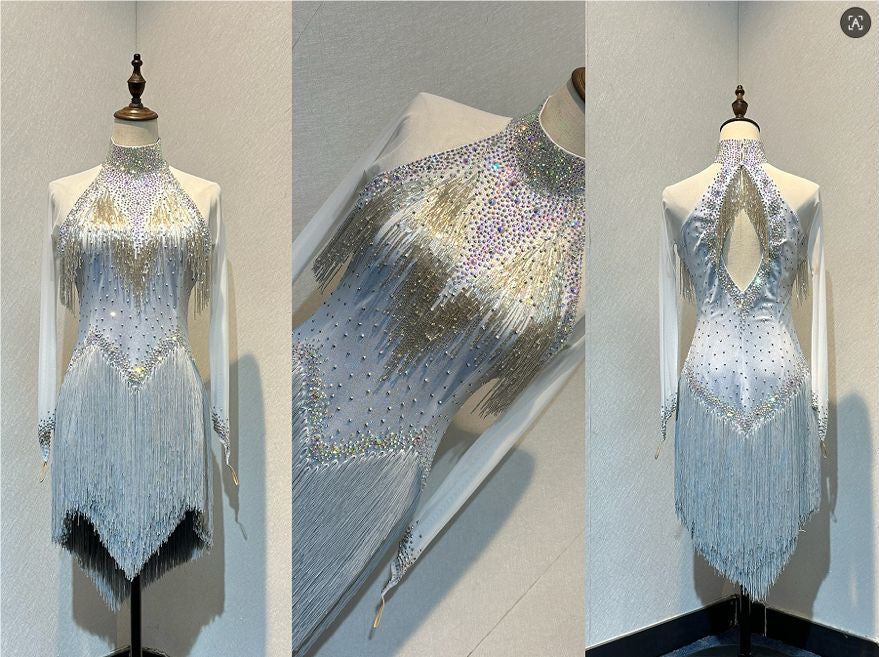 65L Metallic Silver Competition Latin Dance Dress. Silver bead droppers to upper chest, multi layered silver Fringe. Stoned in AB ❤️Showroom Appointments Available❤️