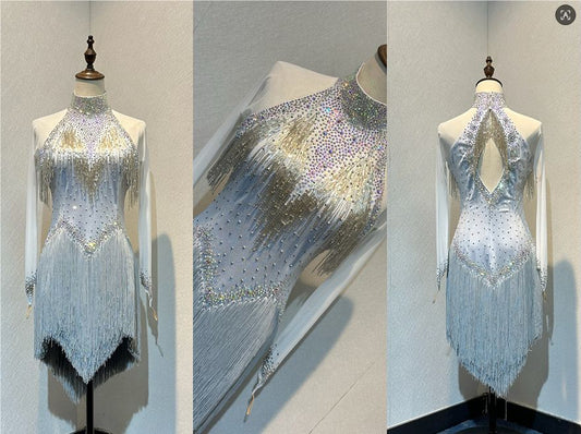 65L Metallic Silver Competition Latin Dance Dress. Silver bead droppers to upper chest, multi layered silver Fringe. Stoned in AB ❤️Showroom Appointments Available❤️