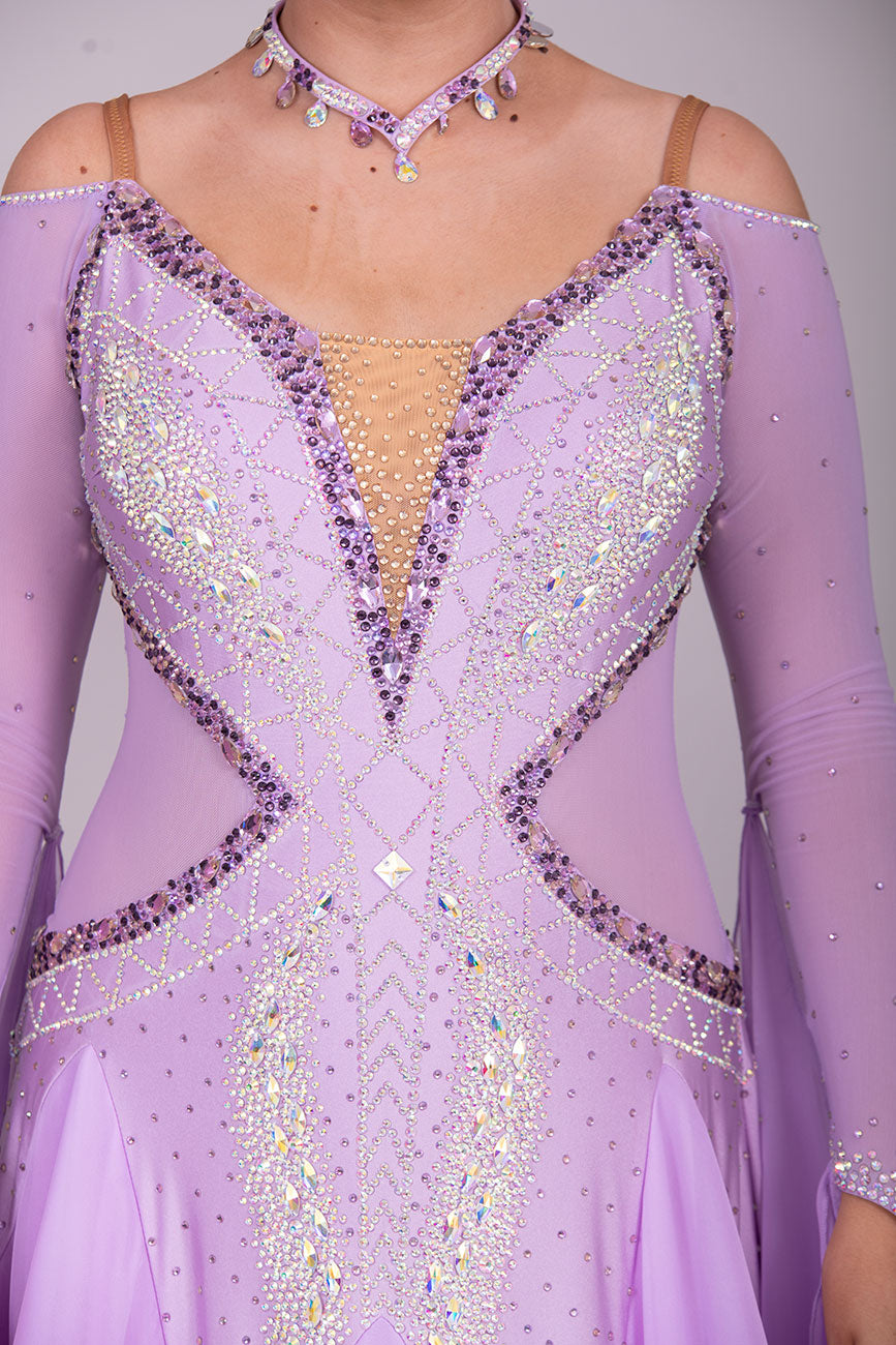 32B Lilac Competition Ballroom/Sequence Dance Dress. Detachable Floats. Detailed stone pattern in AB, Amethyst, Amethyst AB & purple velvet.  High Back to give option of wearing own bra