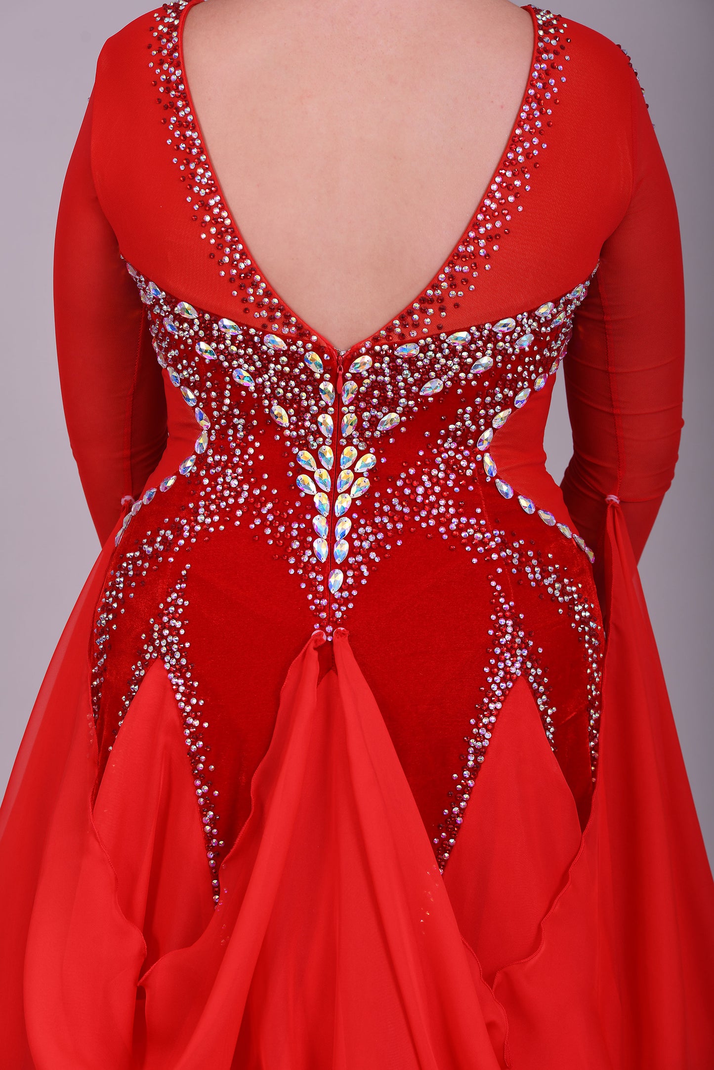 055 Red Competition Ballroom Dance Dress. Red Velvet Panels to the bodice. Heavily decorated in Siam & AB