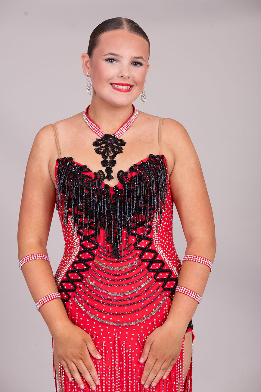 132L BUDGET (22) Red & Black  Competition Latin Dance Dress. Beading detail to bodice Stoned in jet, Siam & AB ❤️Showroom Appointments Available❤️