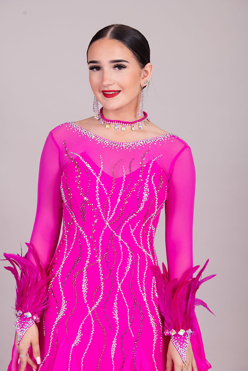 67B TWD PETITE Fuchsia Competition Ballroom/Sequence Dress
Detachable Feather Cuffs & Floats. 
Stoned in Light Rose, Rose & Fuchsia