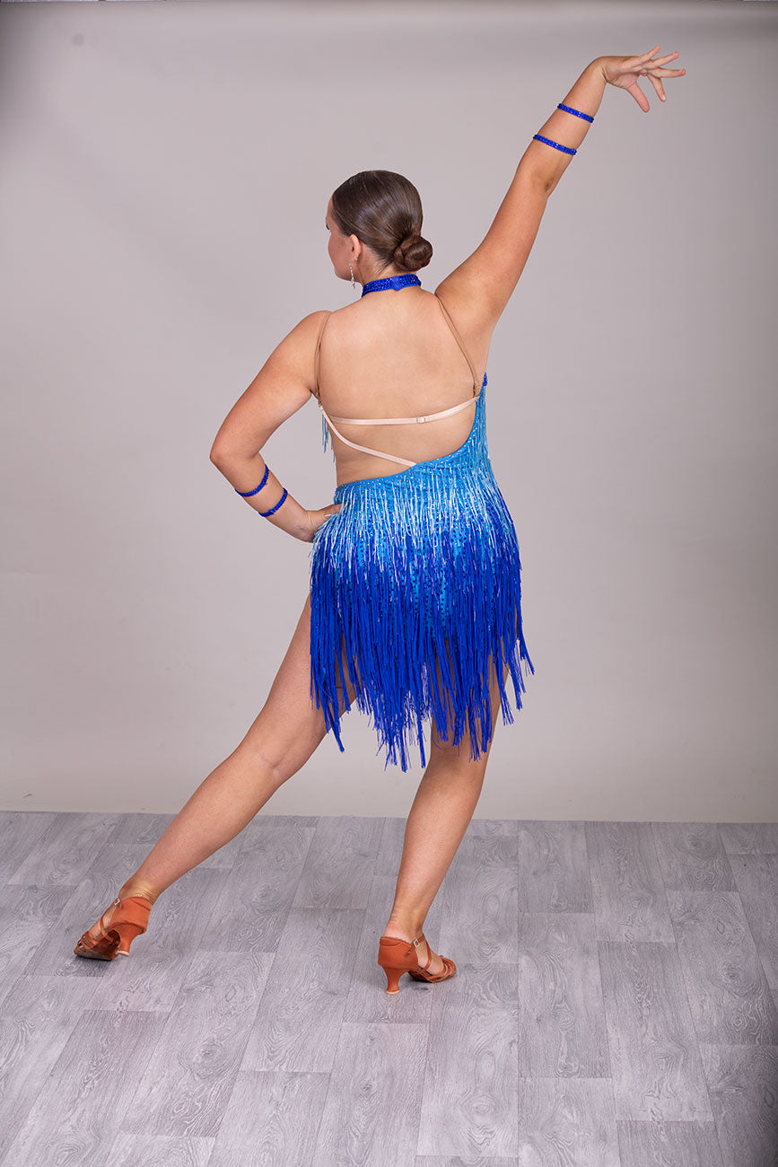 (BUDGET)20 2 Tone Blue Competition Latin dress. 2 Tone bead droppers & Fringe with strapping detail to the front & hips. Flesh security shoulder straps