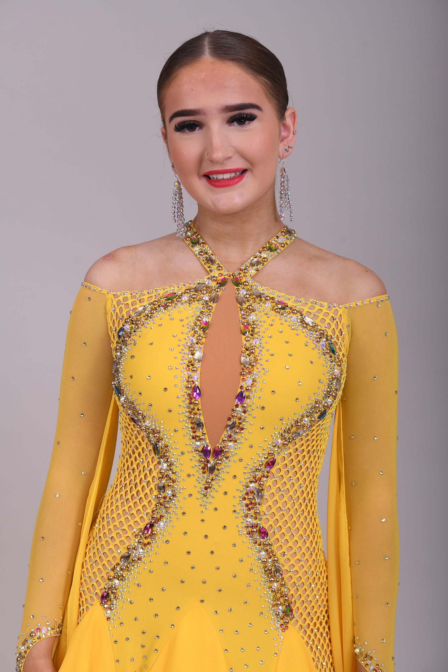 223 Yellow Fishnet Panel Dress halter neck style Ballroom Dress. Cold shoulder sleeves with high back.