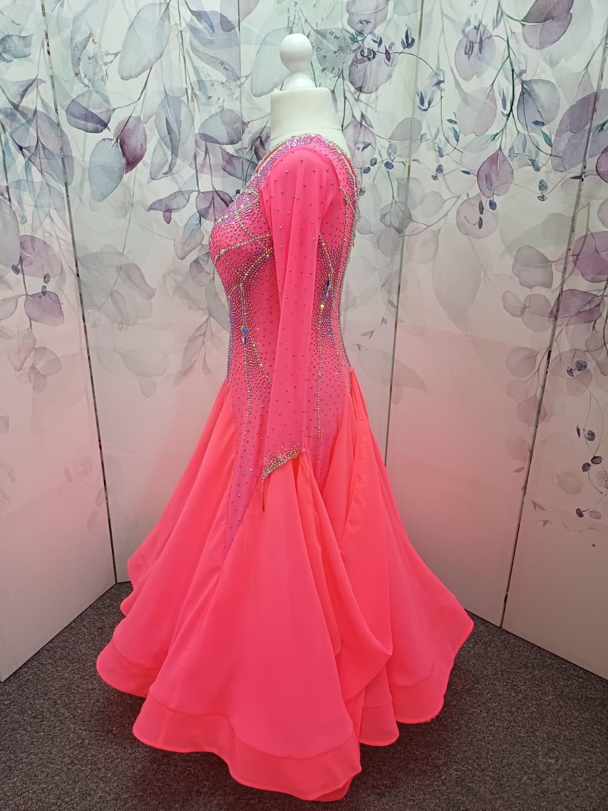 66B Coral Competition Ballroom Dance Dress. Striking decoration in AB, Coral & Coral AB. Strappy detail to upper chest & back. High back for option to wear own Bra. Detachable Floats ❤️Showroom Appointments Available❤️