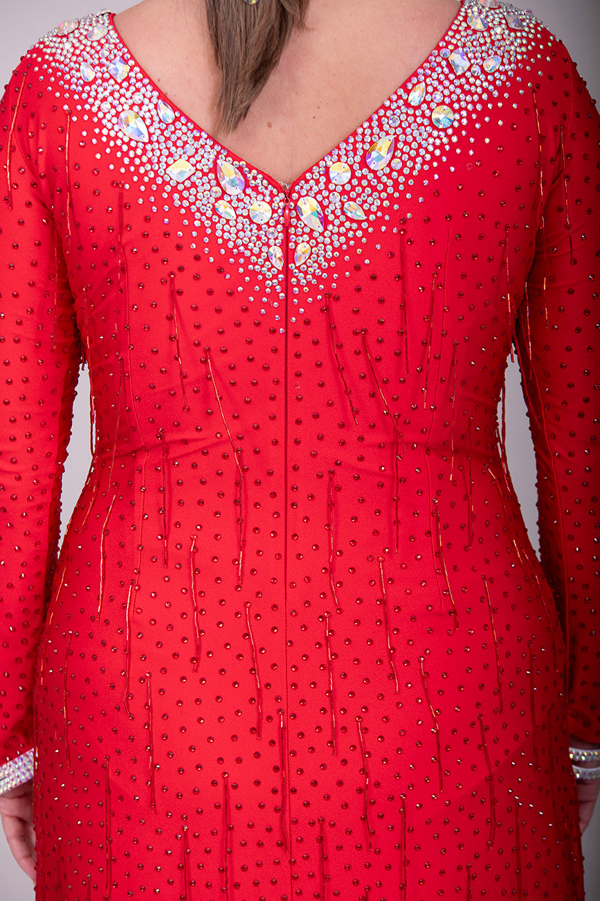 305 Striking Rich Red Latin Competition Dance Dress. Very Flattering style Dress. Red bead droppers all over with Siam stones. Heavily decorated with AB