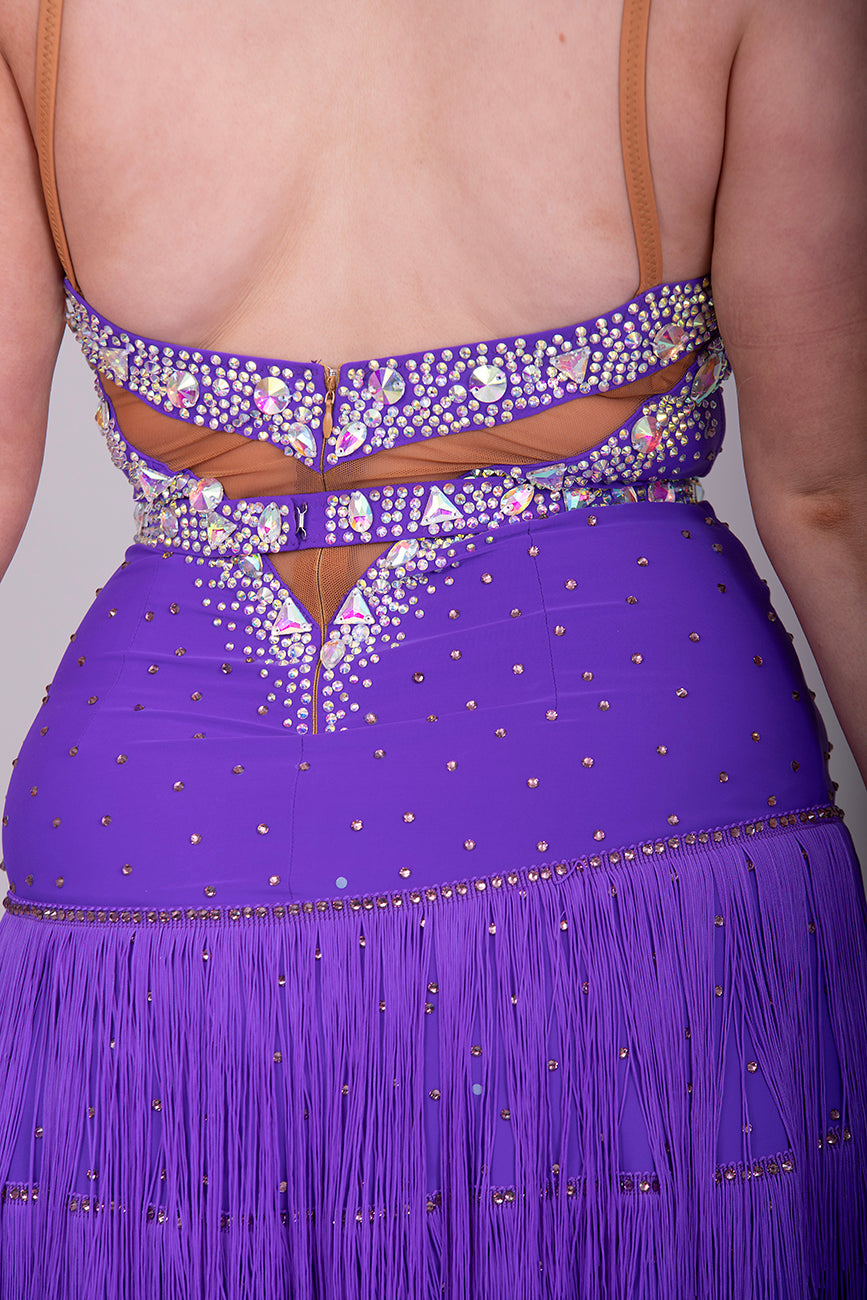 024 Cadbury Purple Fringed skirt Latin Dress. Detachable belt. Stoned in AB stones with tan panel to the chest.