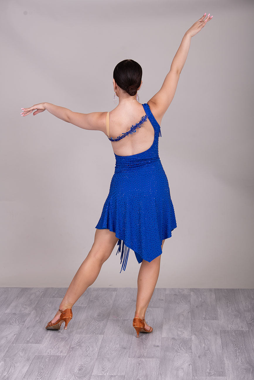 132L BUDGET (21) Royal Blue Competition Latin Dance Dress. Diagonal fringe detail to upper body with diagonal skirts  Stoned in Sapphire. ❤️Showroom Appointments Available❤️