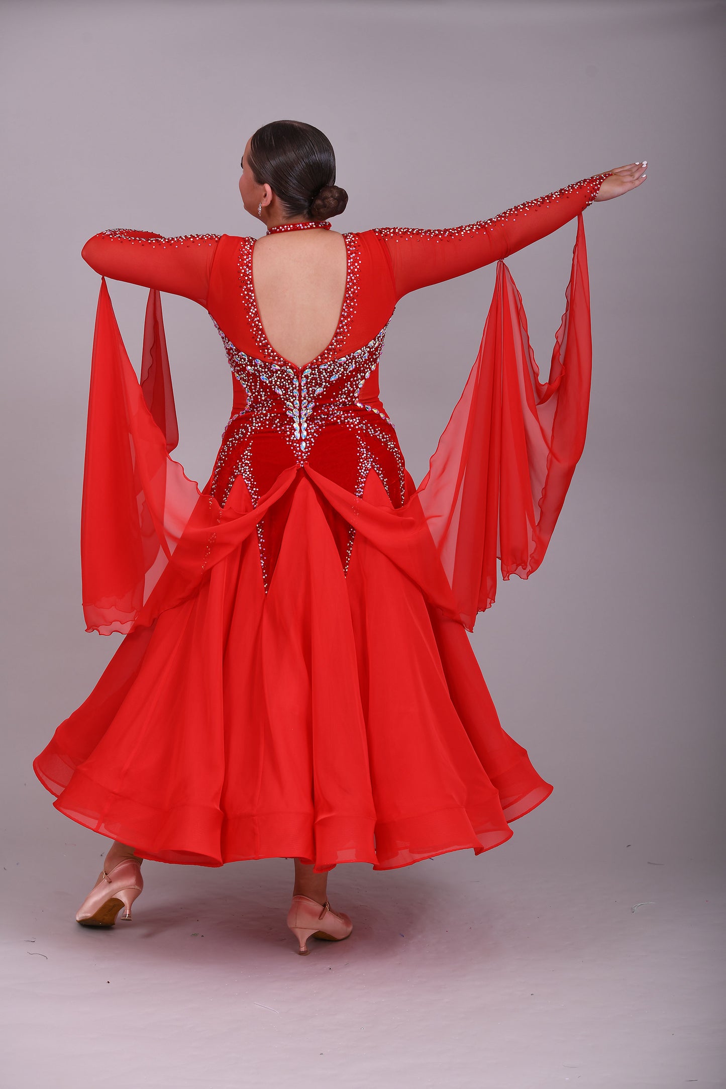 055 Red Competition Ballroom Dance Dress. Red Velvet Panels to the bodice. Heavily decorated in Siam & AB