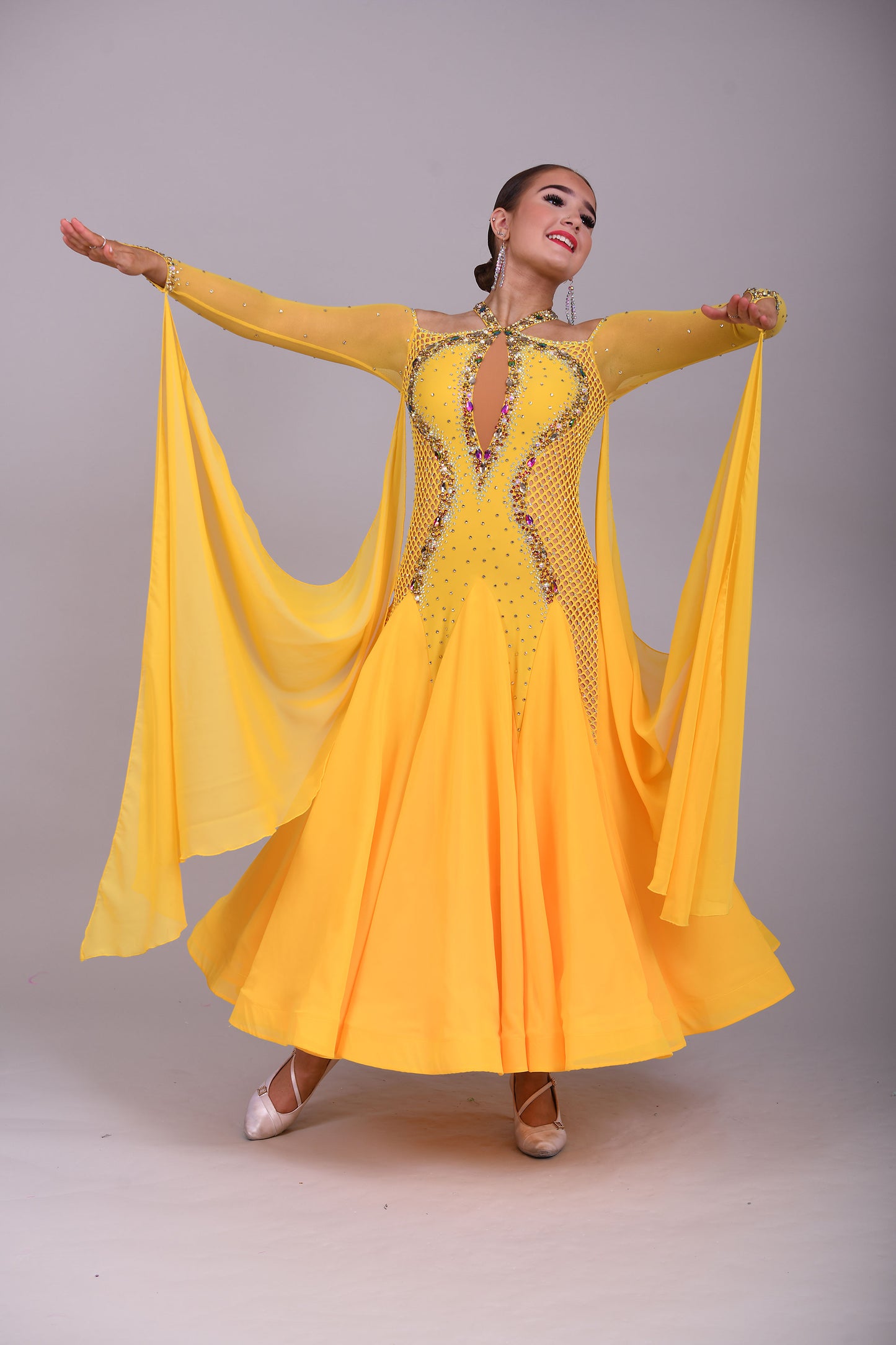 223 Yellow Fishnet Panel Dress halter neck style Ballroom Dress. Cold shoulder sleeves with high back.