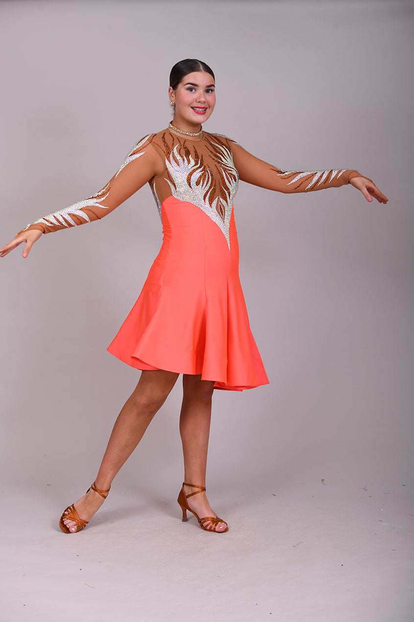 228 Orange & Tan Latin Dress. Heavy decoration design to the front & back. Small split to the left front side. High back with zip. Stoned in smoked topaz & AB