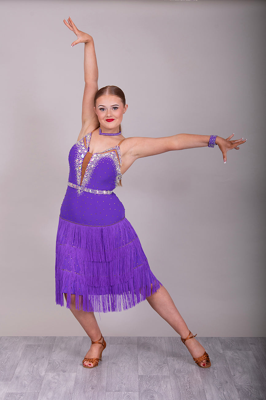 024 Cadbury Purple Fringed skirt Latin Dress. Detachable belt. Stoned in AB stones with tan panel to the chest.