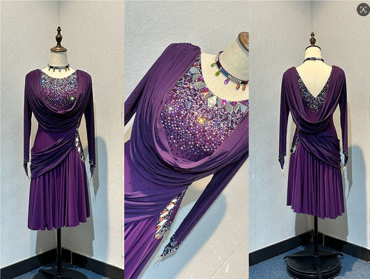 66L Plum Competition Latin Dance Dress. Heavily stoned with AB, Amethyst & Amethyst AB with mirrors. Sash detail to front, back & hip. Could be removed. High back to wear own Bra. ❤️Showroom Appointments Available❤️