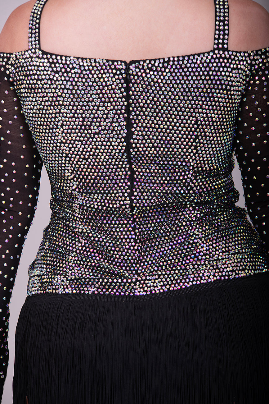 250 Black fringed skirt Latin dress. Solid AB stoning to bodice with cold shoulder black mesh stoned fingered sleeves