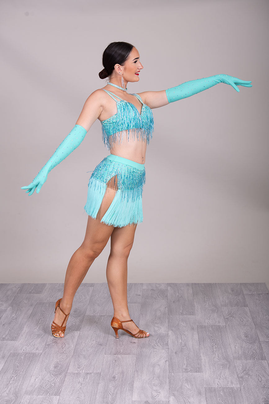 (BUDGET)14 Aqua 2 piece Stunning Colour Competition Latin Dance Dress. Bead droppers on the bra top & skirt has beads & fringing. Separate gloves with fingers to finish this look.