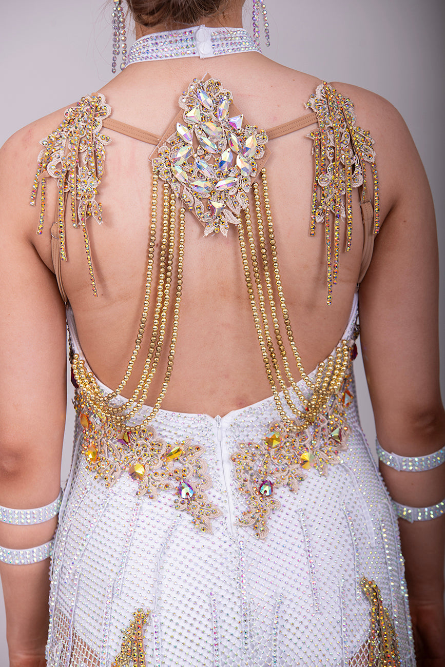 20L White & Gold Latin Competition Dance dress. White stoned Fishnet with Good Embellished detailing.