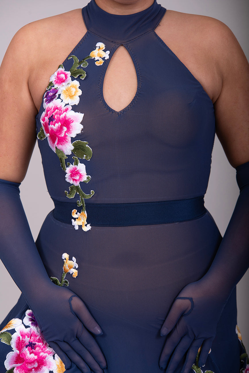 143 Navy blue fine mesh Latin dress with multi coloured Embroidered Floral Appliqués. Keyhole halter neck detail. Unstoned