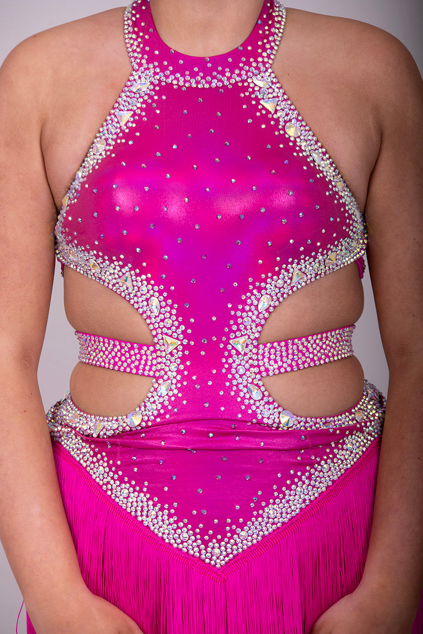 161 Metallic Cerise Latin dance dress. Full fringed skirt stoned in AB