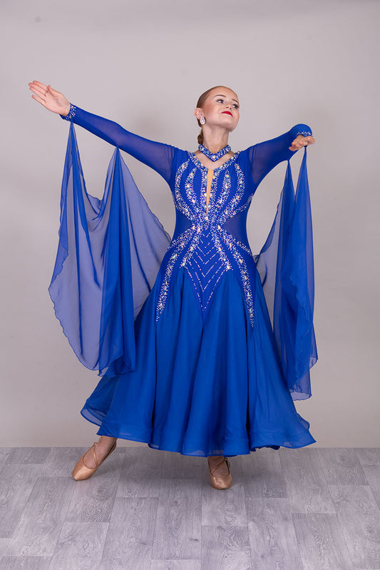 54B Royal Blue Competition Dance Dress. Filled in back to give option of wearing own Bra. Stoned in Sapphire, light sapphire & AB. ❤️Showroom Appointments Available❤️