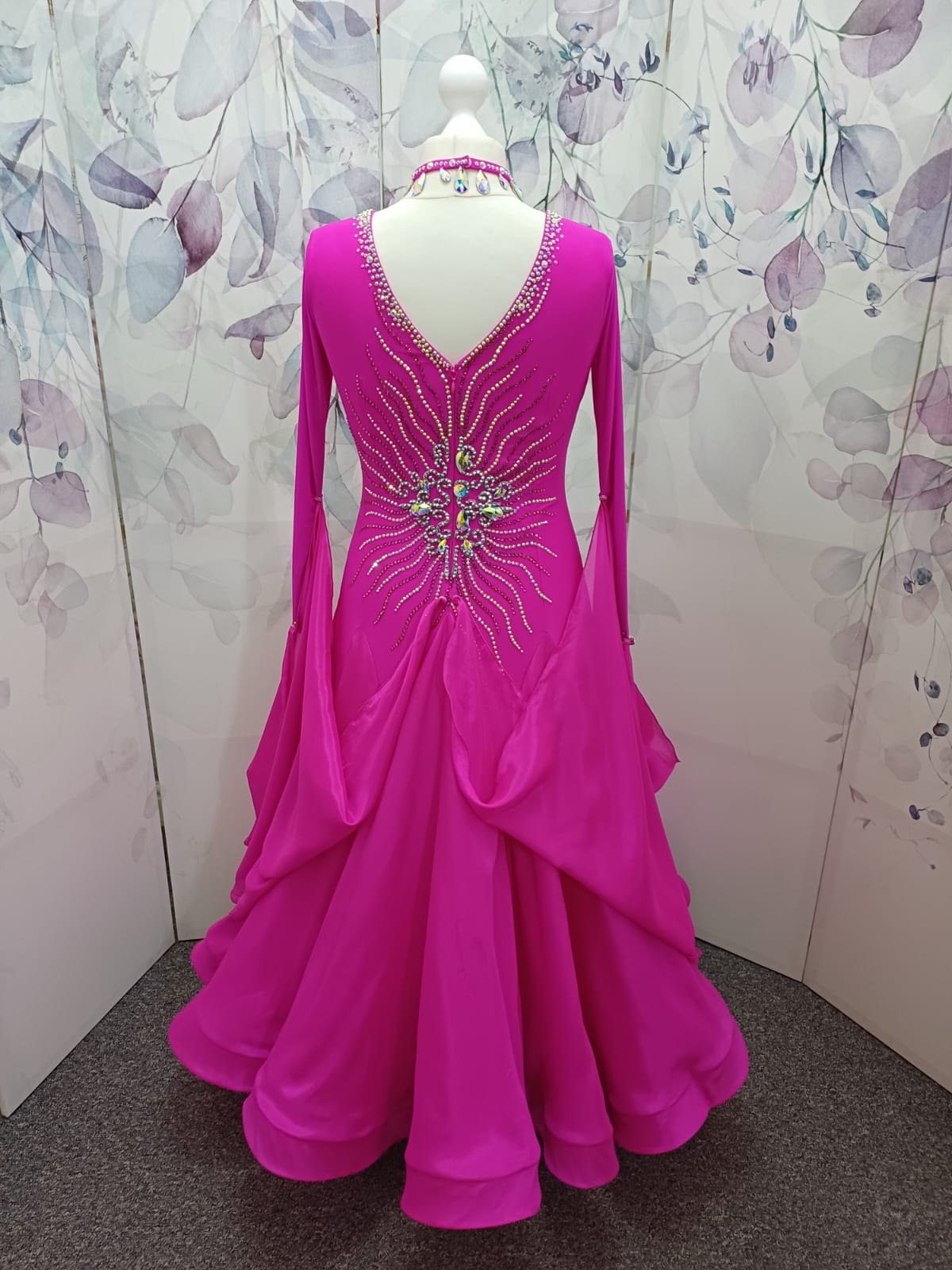 65B Cerise Competition Ballroom Dance Dress. Mesh overlay to the bust with flattering waist design. High back with option to wear own bra  detachable Floats. Stoned in Rose & AB. ❤️Showroom Appointments Available❤️