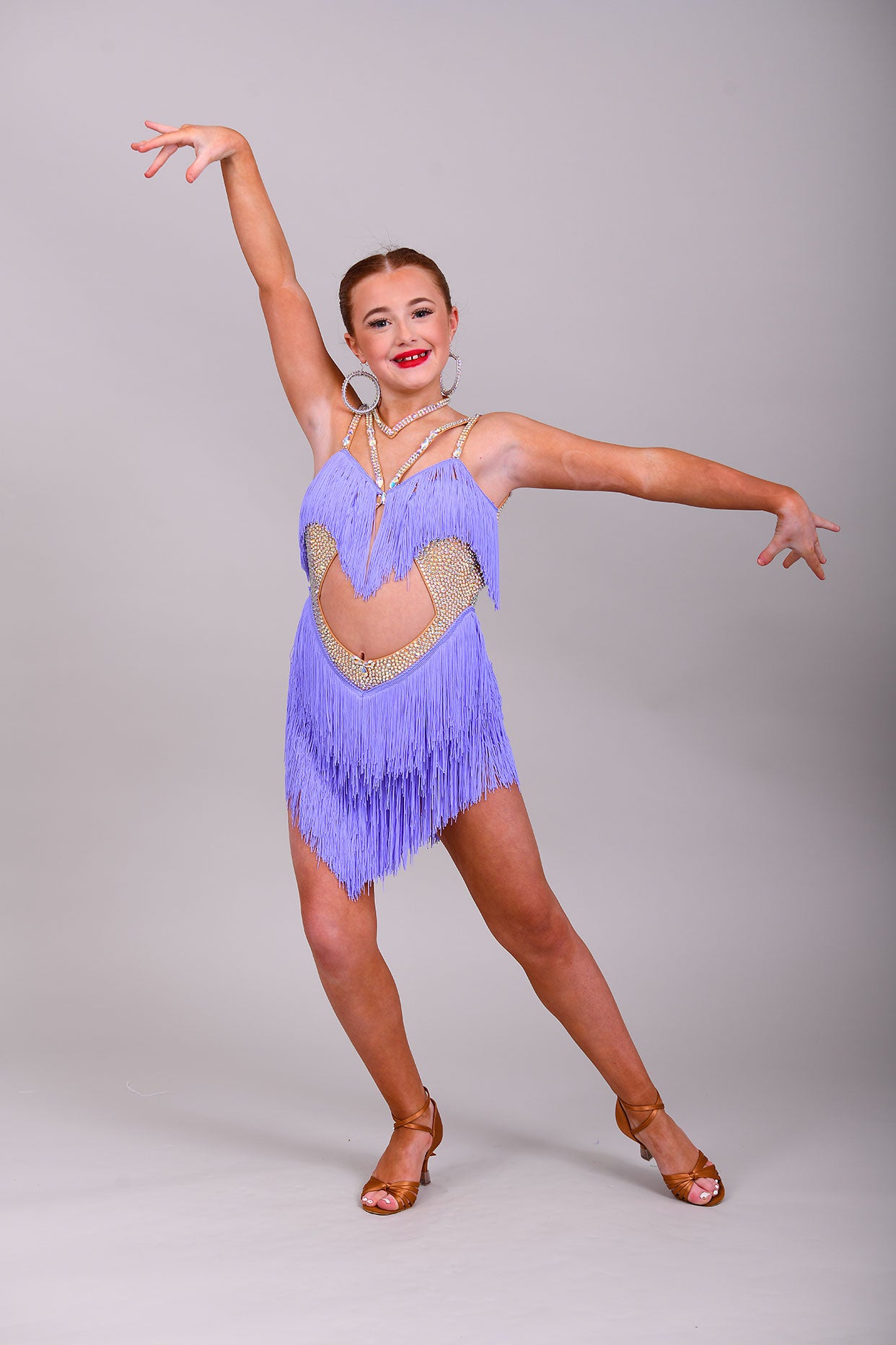 336 Tiny Lilac Latin Dance Dress. Open backed with heavy fringing to the chest and skirt.