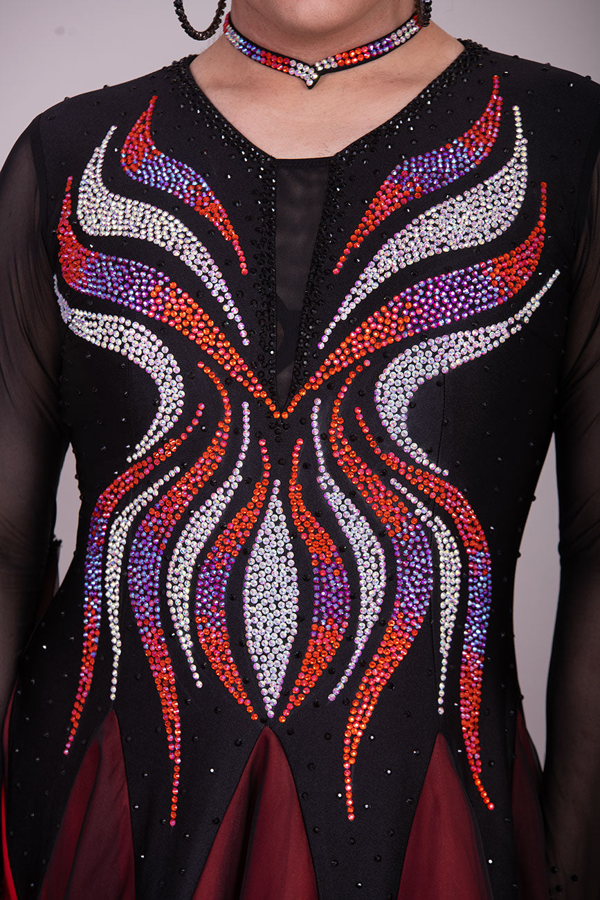 39B Red Black & Orange Ombre Competition Ballroom/Sequence Dance Dress. Ombre stoning in Oranges through to AB. Black & Red Ombre skirts with full back coverage. Detachable Floats complete this beautiful dress