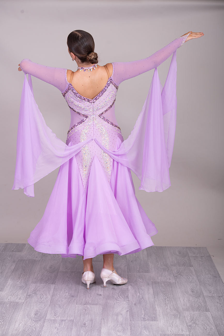 32B Lilac Competition Ballroom/Sequence Dance Dress. Detachable Floats. Detailed stone pattern in AB, Amethyst, Amethyst AB & purple velvet.  High Back to give option of wearing own bra