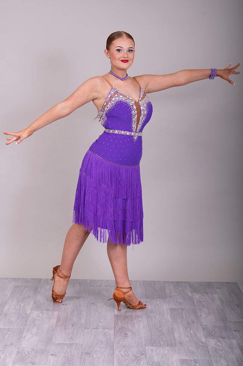 024 Cadbury Purple Fringed skirt Latin Dress. Detachable belt. Stoned in AB stones with tan panel to the chest.