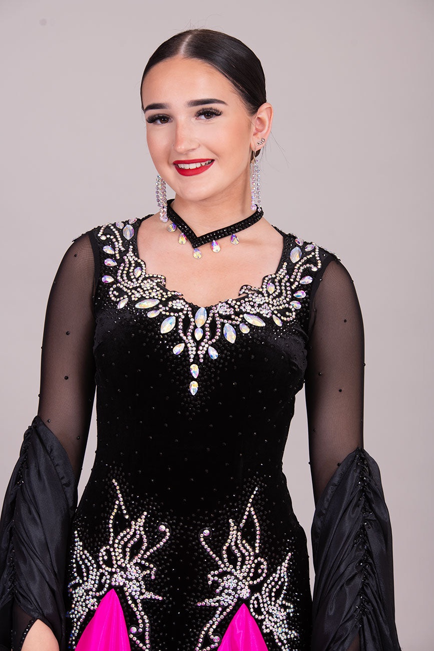 49B Striking Black Velvet & Pink Competition Ballroom Dance Dress. Beautiful stoning pattern in AB & jet. High back giving option to wear own bra. ❤️Showroom Appointments Available❤️