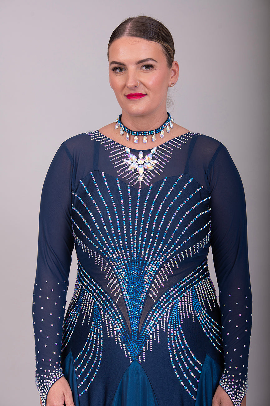 263 Midnight Blue Ballroom Dance  Dress. Heavily stoned in AB, Capri Blue AB & Capri Blue. Detachable floats