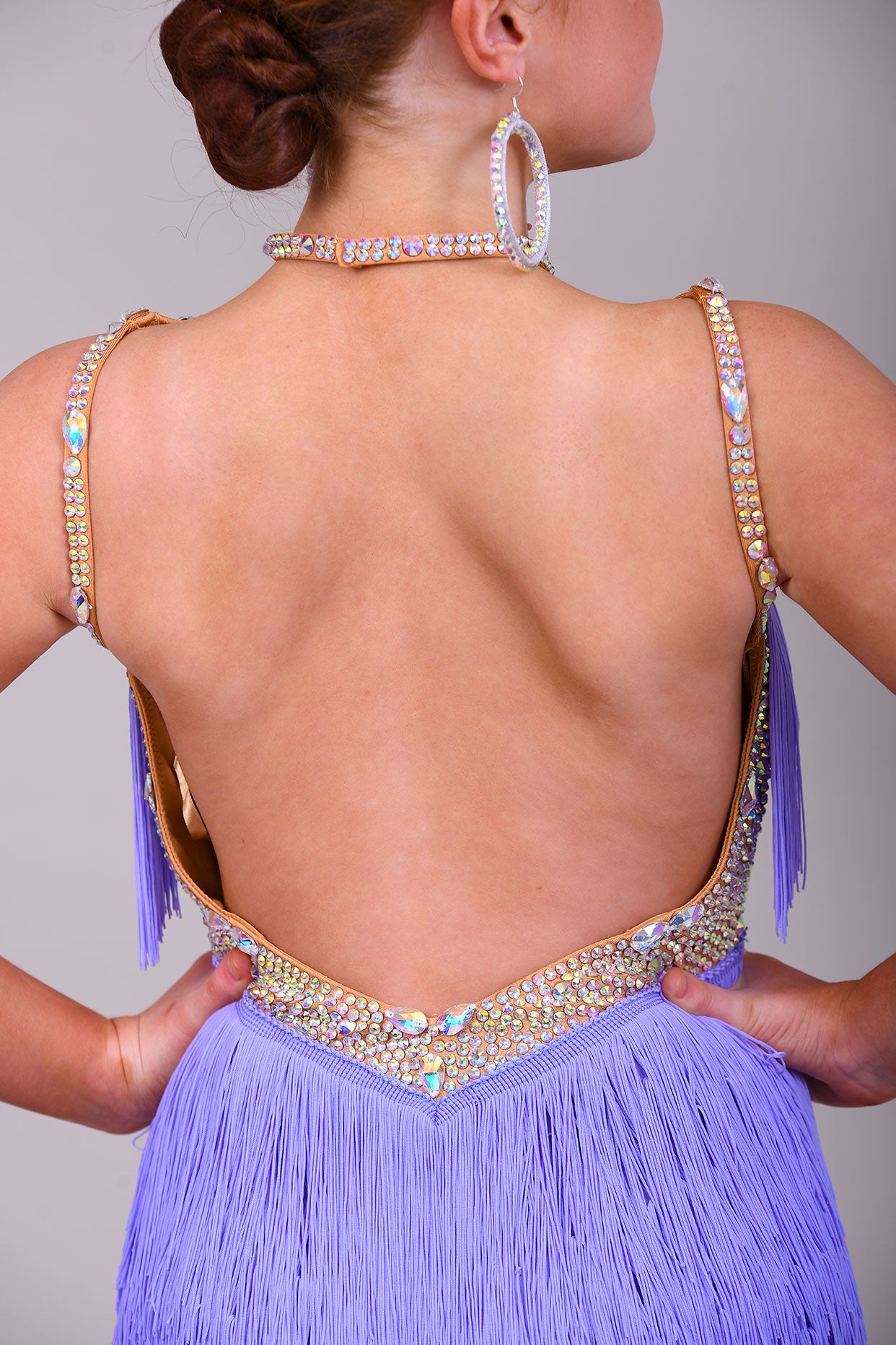 336 Tiny Lilac Latin Dance Dress. Open backed with heavy fringing to the chest and skirt.