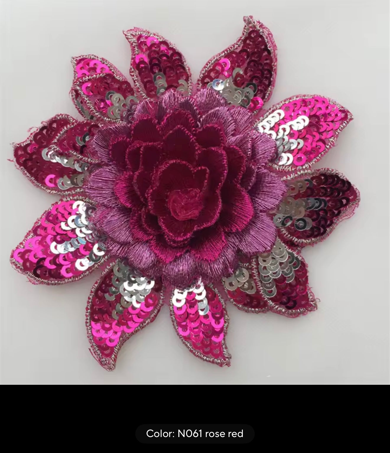 M134 Montana 3D Sew On Flowers, Outer Petals are sequinned. Perfect for adding stones. 8cm wide. Available in 8 Colours