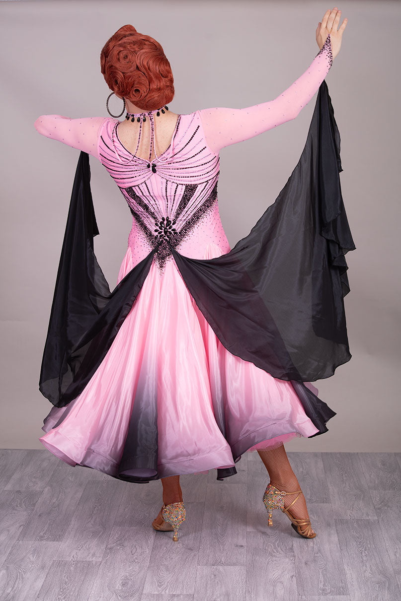 33B “TWD ELITE” Absolutely Stand Out Ballroom/Sequence Competition Dance Dress. Pink & Black Ombre stoned in Jet, Light Rose & Light Rose AB. Detachable Floats.  High Back to give option of wearing own bra