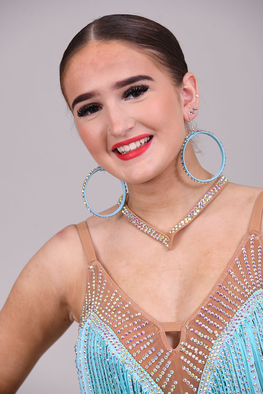 313 Light Aqua and Tan fringe Latin Dress. AB Stones and material stoned droppers.