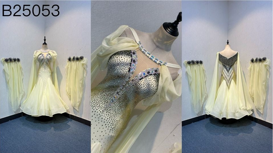 38B TWD PETITE Lemon & Silver Competition Ballroom/Sequence Dress
Stunning Flower detailing to the arm sleeve floats with 
Heavily stoned fabric droppers on the back. Very unusual neck/Shoulder