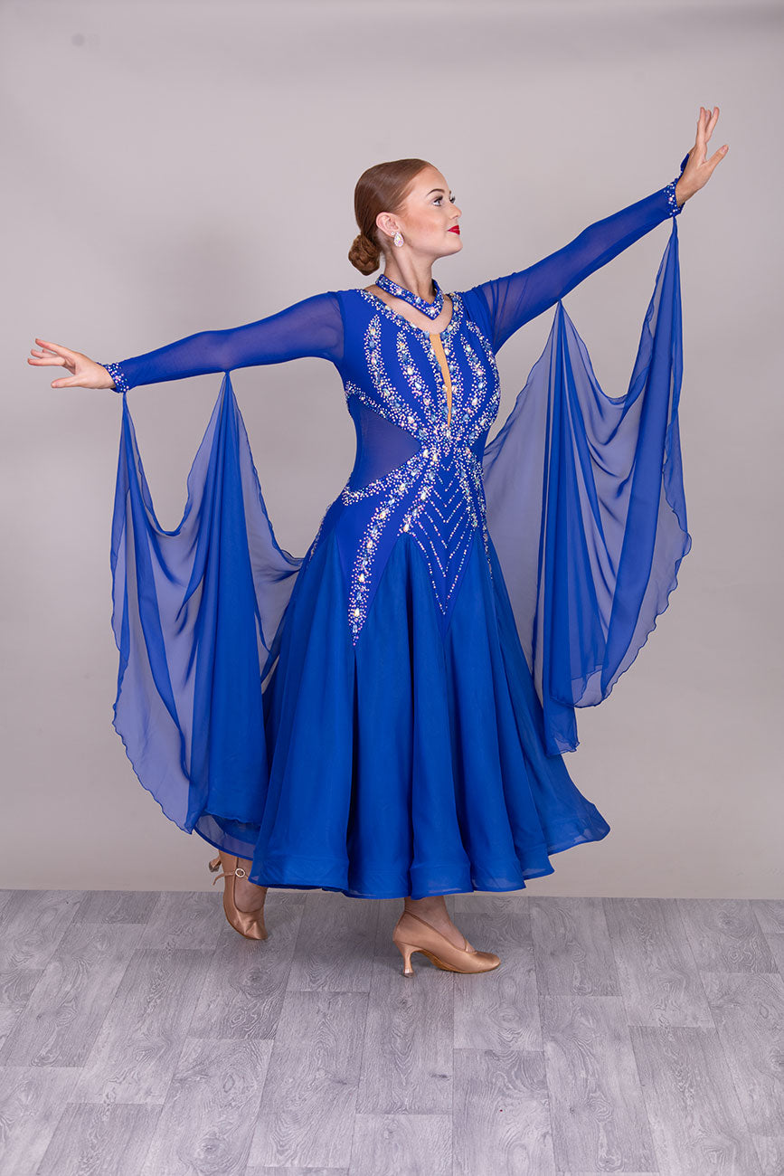 54B Royal Blue Competition Dance Dress. Filled in back to give option of wearing own Bra. Stoned in Sapphire, light sapphire & AB. ❤️Showroom Appointments Available❤️