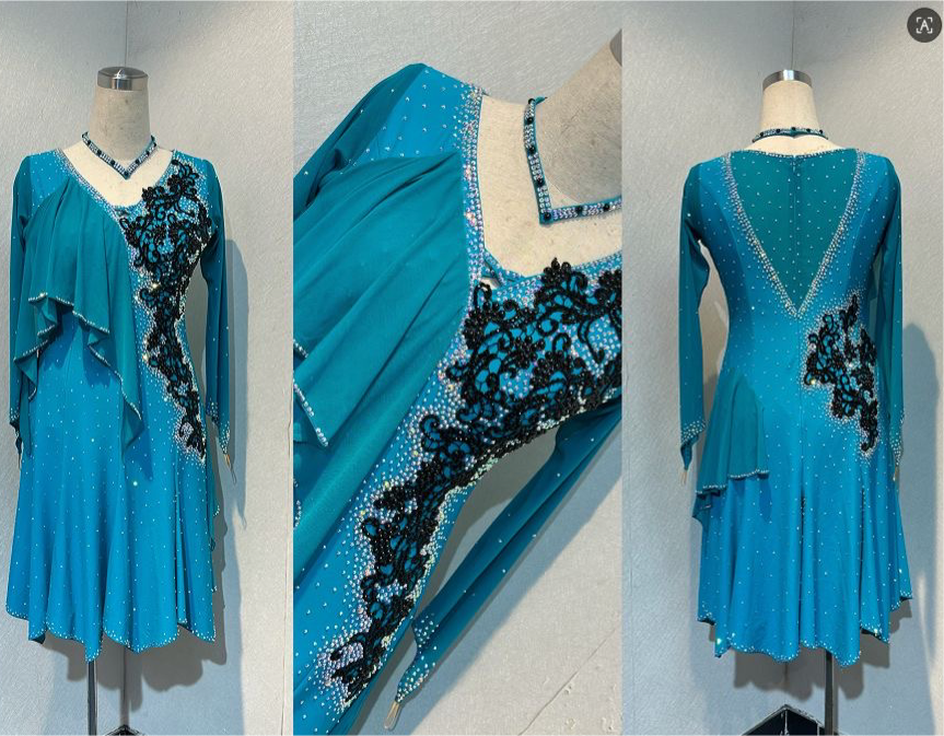 60L Teal Competition Latin Dance Dress. Beautiful Teal colour. Black pearls & AB stones with overlay detail to the chest & Back hip giving flattering lines. ❤️Showroom Appointments Available❤️