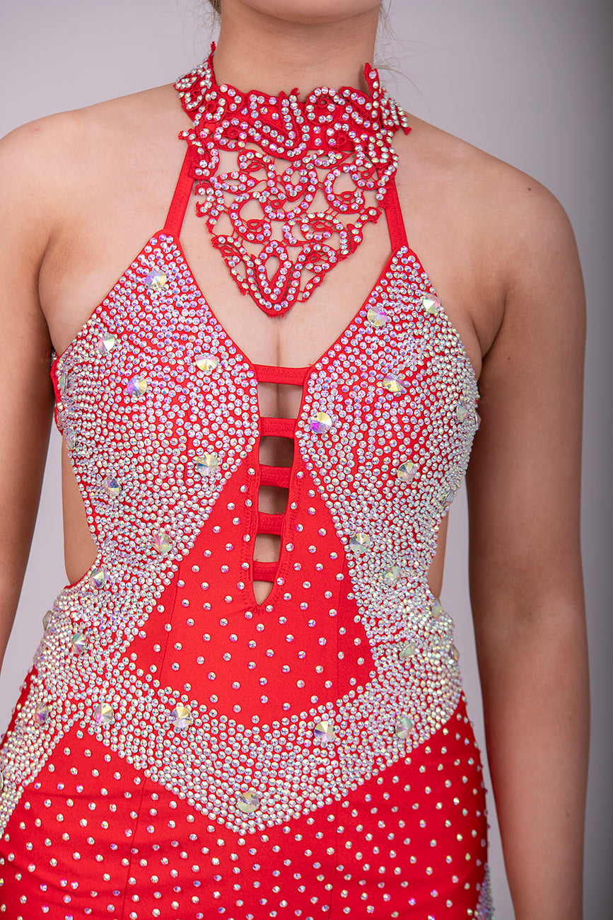 025 Red Trio - Latin Dress with Red Motif & AB stones. Ballroom Skirt with x4 arm floats and AB stoned belt